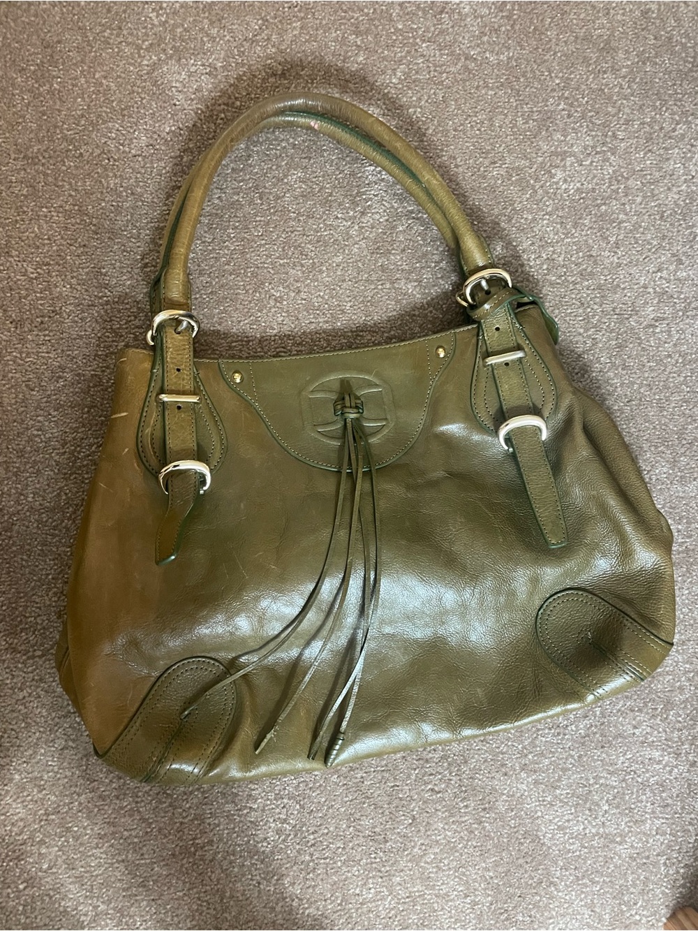 DKNY vintage Olive Green Leather Shoulder Bag with Tassel Detail